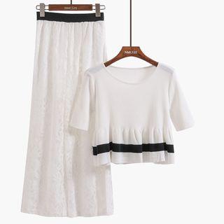 Set: Lightweight Knit Top + High-waist Wide-leg Lace Pnts
