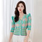 Color Block Ruffle Trim Elbow-sleeve Knit Top Cyan - One Size