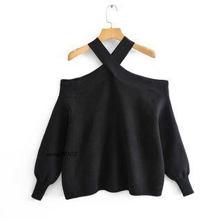 Long-sleeve Plain Halter Sweater