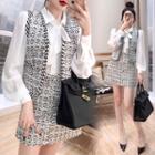 Set: Tie-neck Blouse + Patterned Vest + A-line Skirt