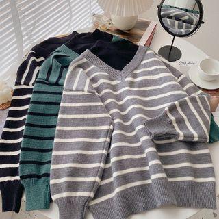 Long-sleeve Mock Two-piece Striped Sweater