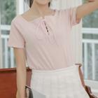 Plain Short-sleeve Lace-up T-shirt