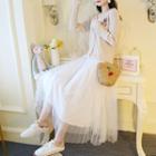 Set: Plain Camisole Top + Midi Mesh Skirt + V-neck Cardigan