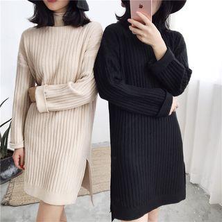 Plain Denim Panel Long-sleeve Dress