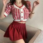 Short-sleeve Plaid Cropped Cardigan / Plain Pleated Mini A-line Skirt