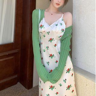 Plain Slim-fit Cardigan / Rose Print Sleeveless Dress