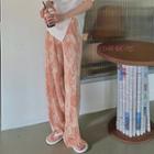 Elbow-sleeve Lettering Print T-shirt / Tie-dye Wide Leg Pants