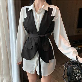 Mock Two-piece Mini Shirtdress Shirtdress - Black & White - One Size