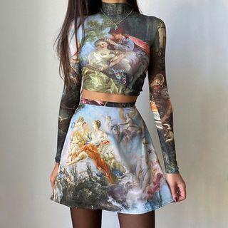Long-sleeve Graphic Print Mock-neck Crop Top / Mini A-line Skirt