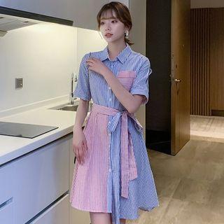Short-sleeve Striped A-line Mini Shirtdress
