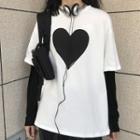 Long-sleeve Mock Two-piece Heart Print T-shirt