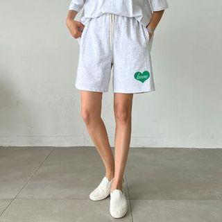 Drawstring-waist Heart Print Shorts