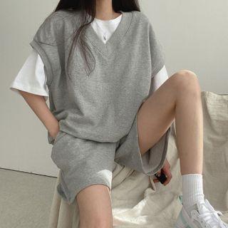 Set: V-neck Vest + High Waist Wide Leg Shorts