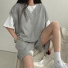 Set: V-neck Vest + High Waist Wide Leg Shorts