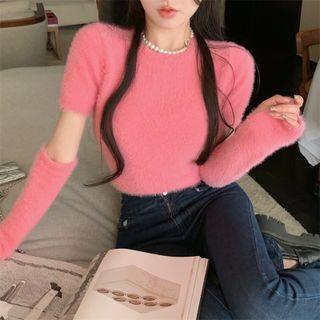 Short-sleeve Knit Crop Top With Arm Sleeves
