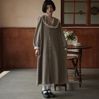 Lantern-sleeve Plaid Long Trench Jacket