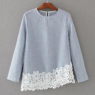 Lace Hem Pinstriped Long Sleeve Top
