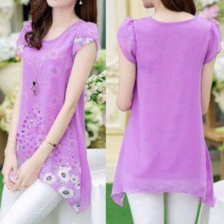 Short-sleeve Floral Print Perforated Top