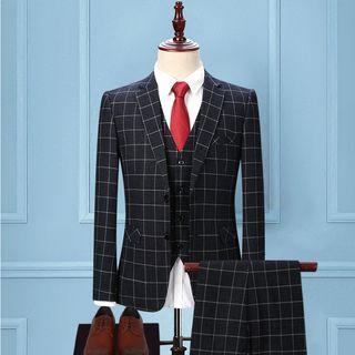 Set: Checked Single-breasted Blazer + Vest + Dress Pants