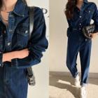 Adjustable-waist Metallic-button Denim Jumpsuit Dark Blue - One Size