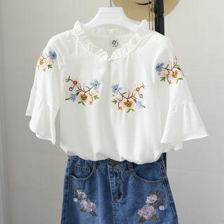 Embroidered Short-sleeve Blouse White - One Size