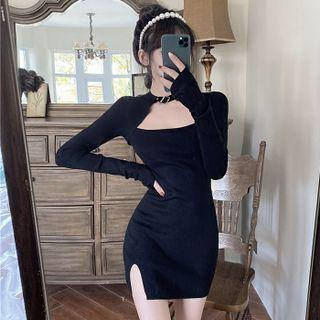 Long-sleeve Choker-neck Mini Sheath Dress