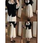 Plain Midi A-line Skirt / Long-sleeve Blouse