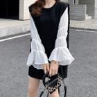 Set: Bell-sleeve Blouse + Sleeveless Mini Knit Dress