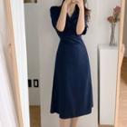Elbow-sleeve Shirred Midi A-line Dress