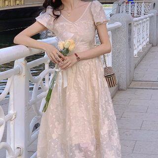 Puff-sleeve Embroidered Midi A-line Dress / Mini Dress