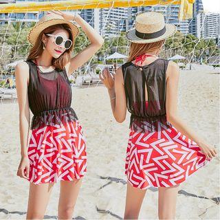 Set: Printed Swimsuit + Sleeveless Sheer Top