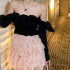 Off-shoulder Ruffled Mesh Blouse / A-line Skirt