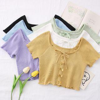 Ribbon-neckline Ruffled-trim Crop Knit Top In 6 Colors