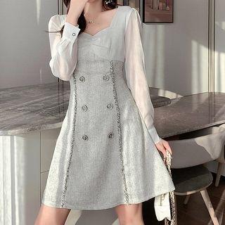 Long-sleeve Double-breasted Paneled Mini A-line Dress