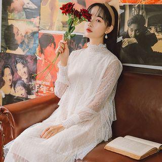 Dotted Mesh Long-sleeve Layered Dress
