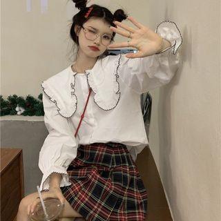 Bell-sleeve Collared Contrast Trim Blouse White - One Size