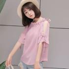 Cut Out Elbow-sleeve Chiffon Top