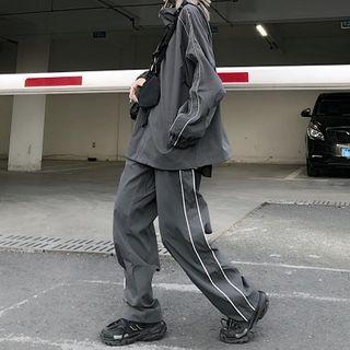 Set: Reflective Piping Trim Zip Jacket + Piping Trim Sweatpants