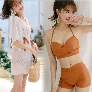 Set: Bikini Top + Swim Shorts + Lace Bell-sleeve Swim Dress
