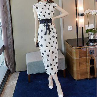 Tie-waist Dotted Sleeveless Midi Sheath Dress