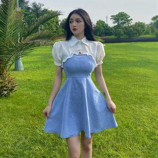 Set: Spaghetti Strap A-line Denim Dress + Puff-sleeve Blouse