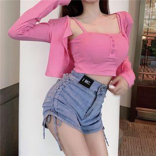 Light Cardigan / Camisole Top / Denim Shorts / Set