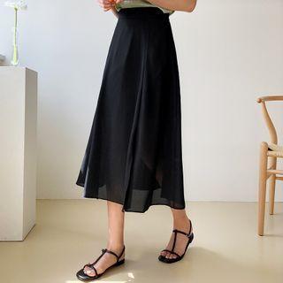 Band-waist Slit-hem Chiffon Skirt
