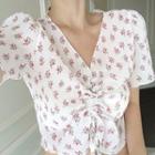 Flower Print Drawstring Short-sleeve Chiffon Blouse / High-waist Cropped Pants