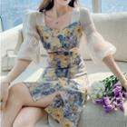 Bubble Sleeve Square Neck Floral Print A-line Dress