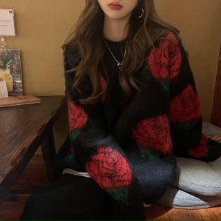 Long-sleeve Rose Print Knit Sweater Black - One Size