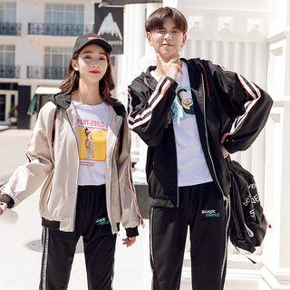Couple Matching Contrast Trim Hooded Zip Jacket / Lettering Trim Sweatpants
