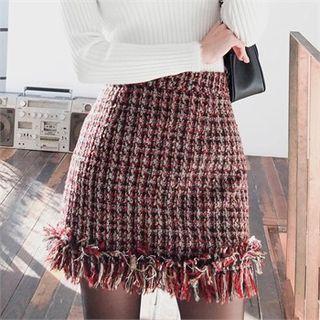 Fringe-hem Tweed Mini Pencil Skirt