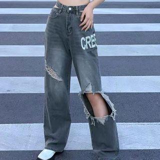 Lettering Distressed High Waist Wide Leg Jeans