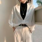 Set: Short-sleeve High Neck Plain Top + Long-sleeve V-neck Shirt